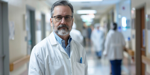 A man in a white lab coat stands in a hallway with blurred other people. He is wearing glasses and has a beard.