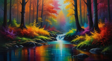 a painting of a colorful forest with a stream of water, colorful trees, beautiful colorful,