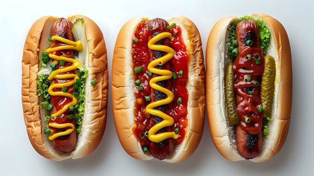 Trio of Delicious Hot Dogs with Crisp Buns and Zesty Toppings