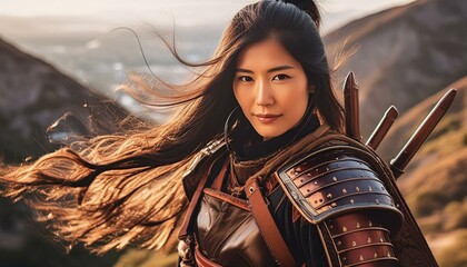 A portrait of a futuristic female samurai with leather, lacquer armor, beads, straps, draping flowing cloth and stylized hair blowing in the wind. ; ultra-detailed

