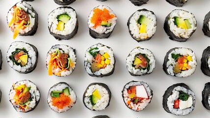 A spread of gimbap rolls neatly sliced, showcasing various fillings, on a minimalist white background, perfect for a healthy eating campaign