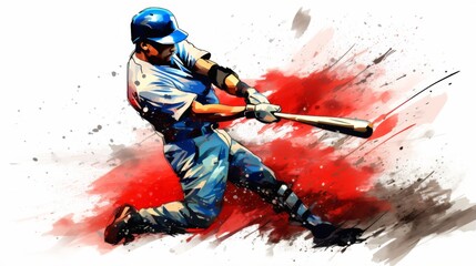 A dynamic illustration featuring a baseball batter swinging with a forceful explosion of color and motion