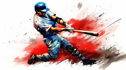 Obraz premium A dynamic illustration featuring a baseball batter swinging with a forceful explosion of color and motion