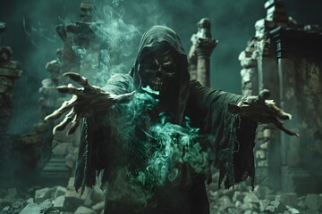 Malevolent Necromancer Summons Dark Spirits in Crumbling Ancient Ruins with Eerie Arcane Energy Glow
