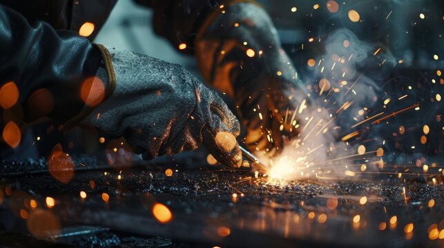 WHS or labor safety concept, close up of welding hands with sparks and smoke in a factory workshop area, focusing on the hand of a worker wearing protective gloves while welding a metal piece