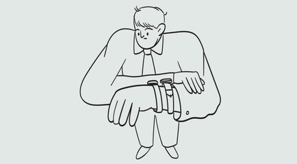Urgency, overload or overworked man running out of time. Time management and organization line simple vector illustration. Workload and deadline concept. Employee character look at his watch.
