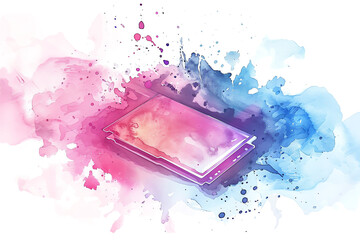 Minimalistic watercolor of a Solid State Drive (SSD) on a white background, cute and comical.