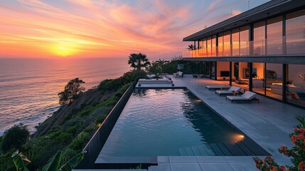 Contemporary Hilltop Residence with Ocean Sunset View, generative ai