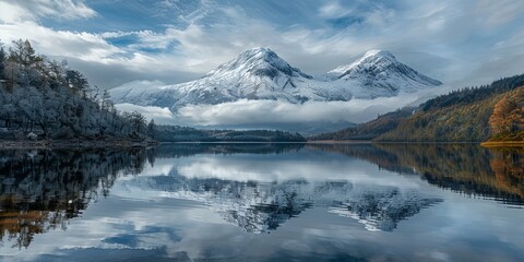 Fototapeta premium Snow covered Mountain reflecting in a calm lake