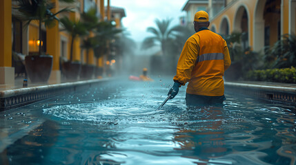 man cleans a pool cleaning company - Powered by Adobe