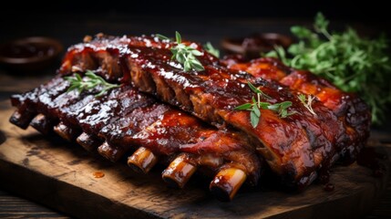 High-quality image showcasing smoked ribs with tender meat, coated in BBQ sauce on a rustic background