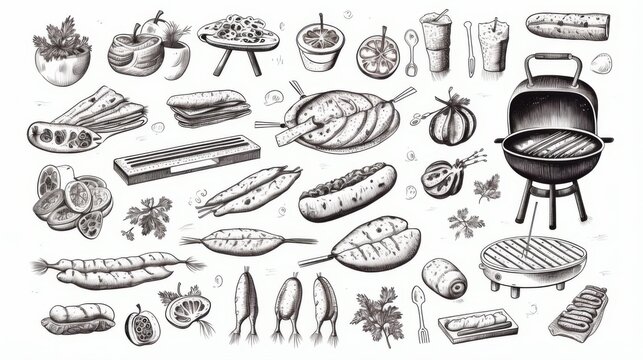 Variety of fresh fruits, vegetables, and meats in lively illustration with Birrot Brewery branding