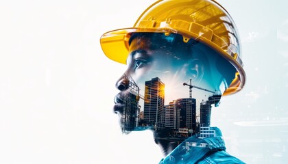Double exposure portrait of a young African American male engineer with a vibrant urban construction scene symbolizing future development.
 - obrazy, fototapety, plakaty