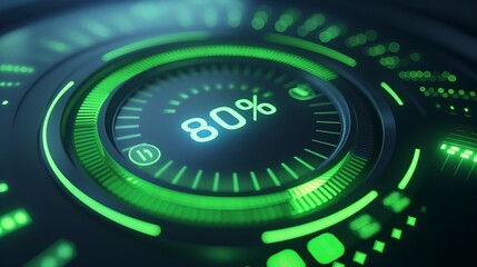  An intricate close-up of a circular progress gauge showing 80% status, enhanced by a vivid green segment against a stylish background, enhancing visual appeal for web interfaces