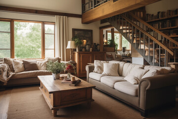 Farmhouse rustic interior design of modern living room.