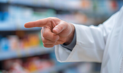Male doctor pharmacist hand pointing with finger recommending medicine drugs in pharmacy store.