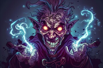 Devious Warlock with Weathered Complexion Glowing Eyes and Twisted Grin Wielding Dark Magical Energy in Moody Atmospheric Fantasy Portrait