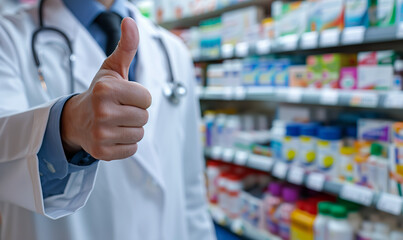 Doctor pharmacist  showing thumb up hand recommending quality medicine and drugs in pharmacy store.