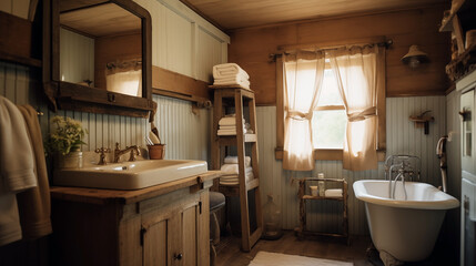 Farmhouse rustic interior design of modern bathroom.