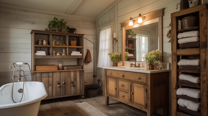 Farmhouse rustic interior design of modern bathroom.