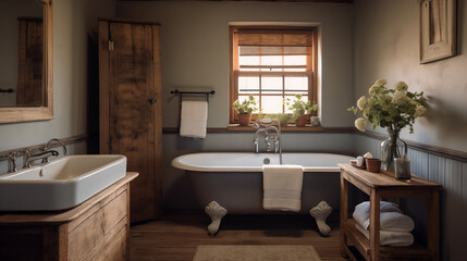 Fototapeta na wymiar Farmhouse rustic interior design of modern bathroom.