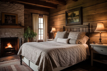 Farmhouse rustic interior design of modern bedroom.