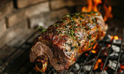 A leg of lamb covered in herbs hangs roasting over hot coals in a rustic brick outdoor oven