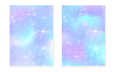 Rainbow background with kawaii princess gradient. Magic unicorn hologram. Holographic fairy set. Trendy fantasy cover. Rainbow background with sparkles and stars for cute girl party invitation.