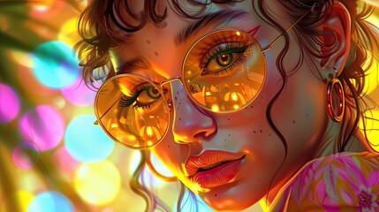 A colorful, close-up digital portrait of a young woman with curly hair and reflective sunglasses