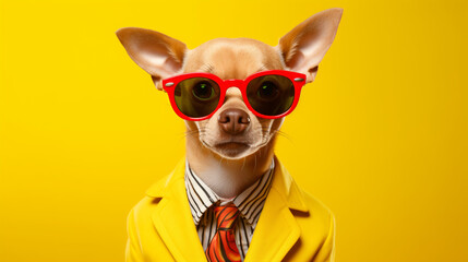 dog wearing a bright colorful blazer and glasses on yellow background