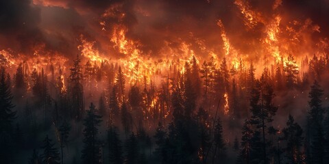 Fototapeta na wymiar Intense Wildfire Engulfing a Forest at Dusk