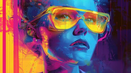 A vibrant, neon-colored portrait of a woman wearing glasses