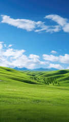 Natural background scene of green hills, blue sky, fluffy clouds, copy space