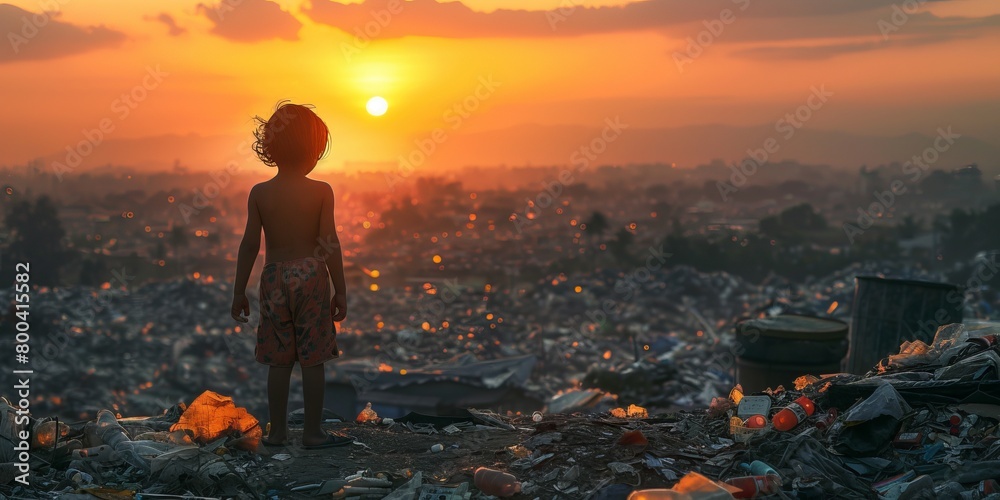 Wall mural child facing a vast pile of waste at sunset - Wall murals