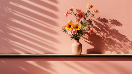 Bright daisies flowers bouquet in pink vase on table, shadows on pink wall