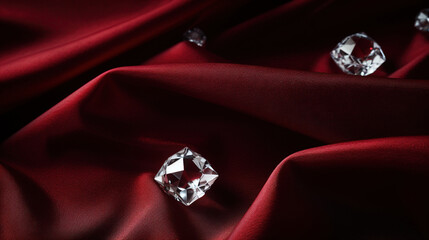 Luxurious dark red velvet fabric, sparkling diamonds background