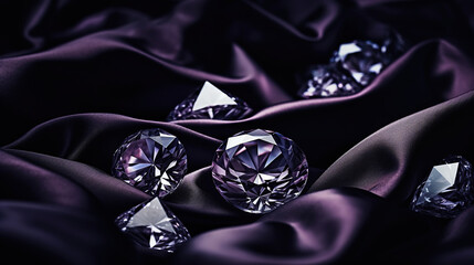 Luxurious dark purple velvet fabric, sparkling amethysts and diamonds background