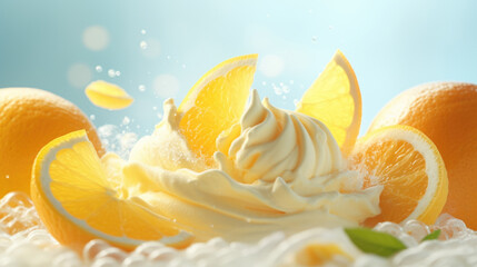 Citrus ice cream with flying fruit slices ingredients, dessert food background