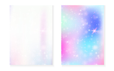 Unicorn background with kawaii magic gradient. Princess rainbow hologram. Holographic fairy set. Bright fantasy cover. Unicorn background with sparkles and stars for cute girl party invitation.