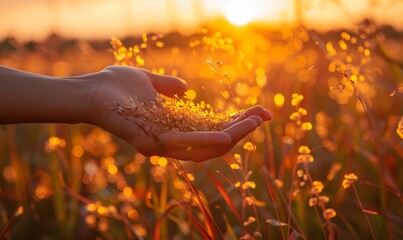 A hand holding native grass seed at sunrise at a hunting plantation