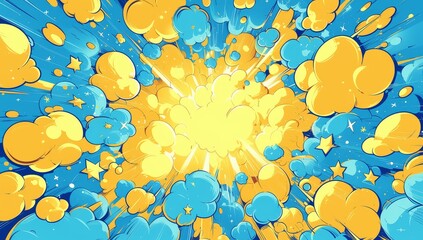 Flat comic book style background with yellow and blue clouds, dots and pop art explosion effect. 