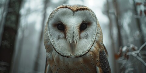 Close up view portrait of the barn owl in the forest