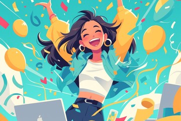 flat illustration of a woman celebrating with a laptop on a desk