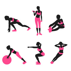 Big set of black vector silhouettes of slim woman doing fitness workout in many different position. Many icons of girl doing sport exercises. Active and healthy life concept.