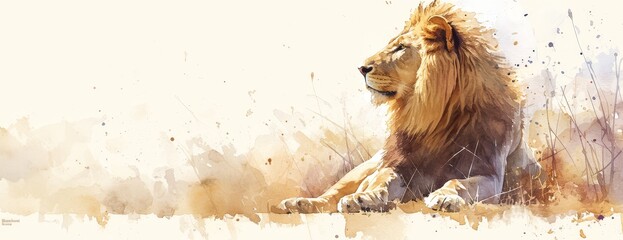 Watercolor painting of an majestic lion, sitting on the edge of white background