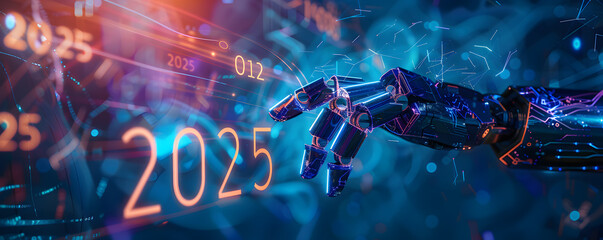 A robotic arm extends towards a glowing representation of the year 2025, set against a backdrop filled with digital binary code and futuristic technology elements, symbolizing the intersection of adva