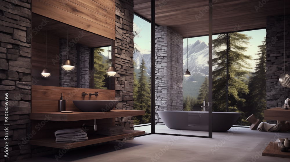 Wall mural Contemporary rustic bathroom interior design.