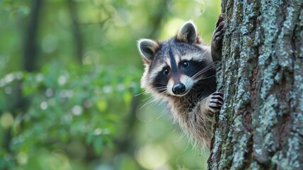 Curious raccoon peeking from behind a tree in the forest.
