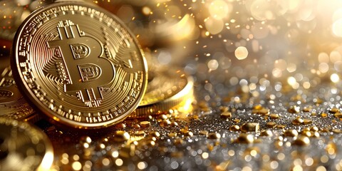 Bitcoin Cryptocurrency represented as Gold Coins. Digital Banking Background.