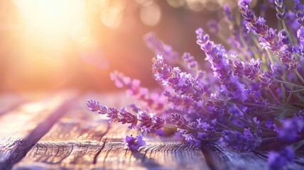 Lavender flowers basking in soft sunlight on a wooden surface.